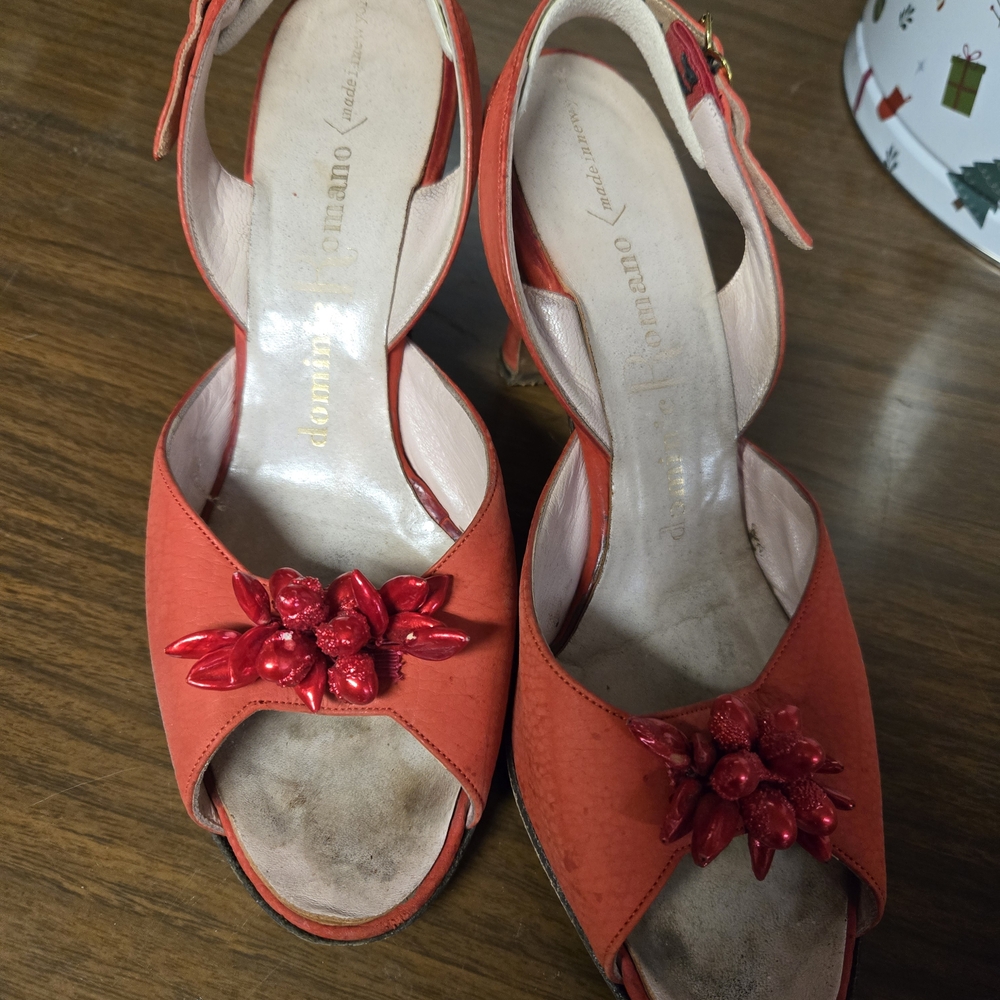 Vintage 50s red peep toe adjustable sling back heels.
